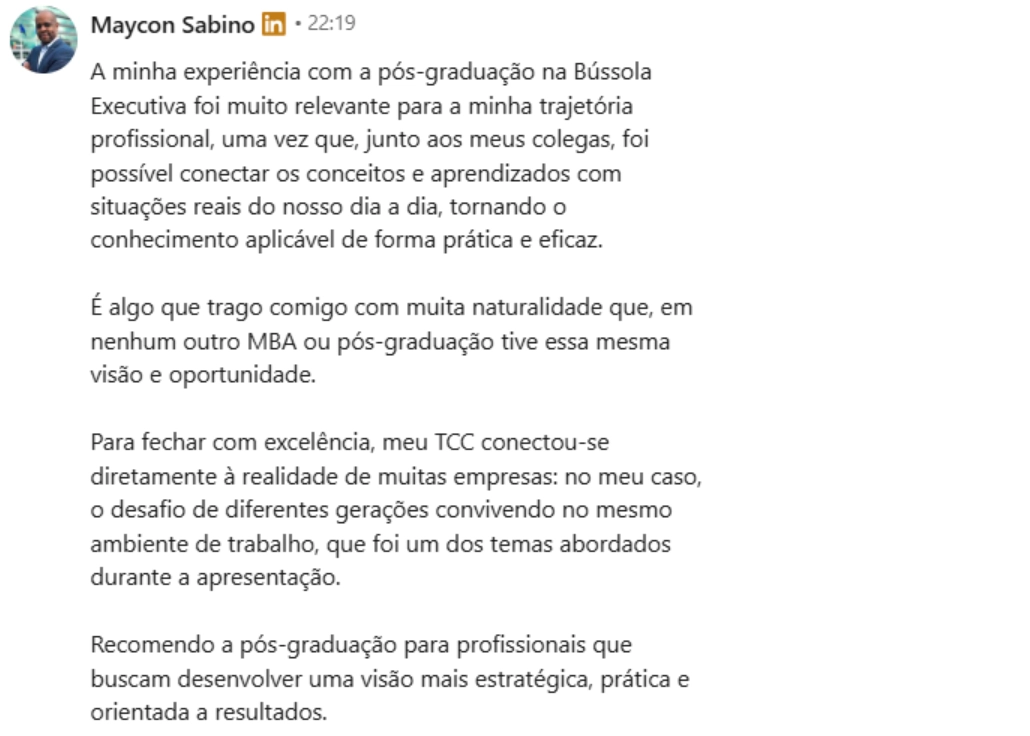 Depoimento de aluno formado na Pós-Graduação Bússola Executiva